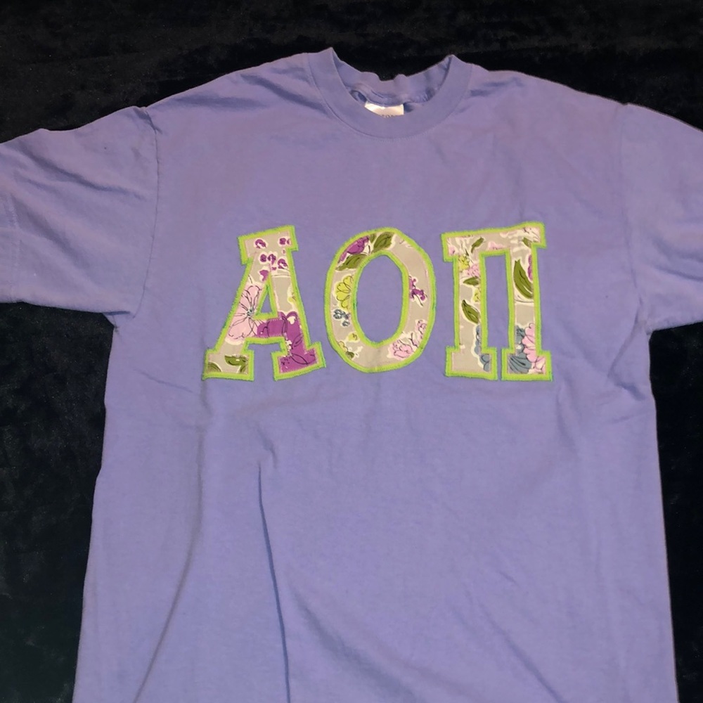 AOII purple and green stitched letters
